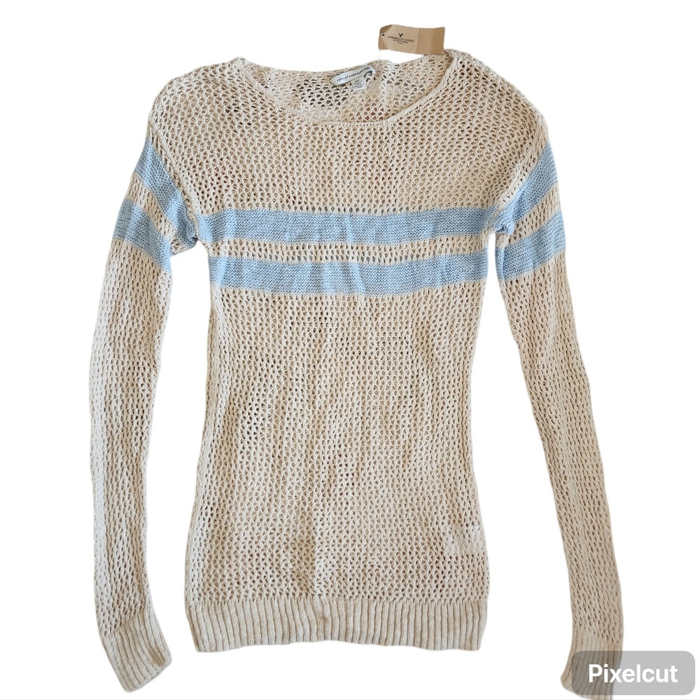 NWT American Eagle Crochet Knit Preppy blue Stripe Sweater Rounded Neck Small